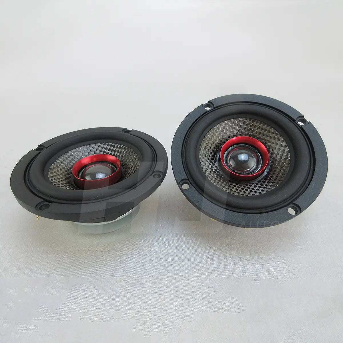 Black and red 3.5 inch car coaxial speakers with 200w power and mesh grille design for enhanced audio performance
