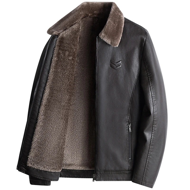 Men's Leather Jacket Autumn and Winter New Collection Coat with Fleece, Middle-Aged Leather Jacket, Light Business Casual Coat
