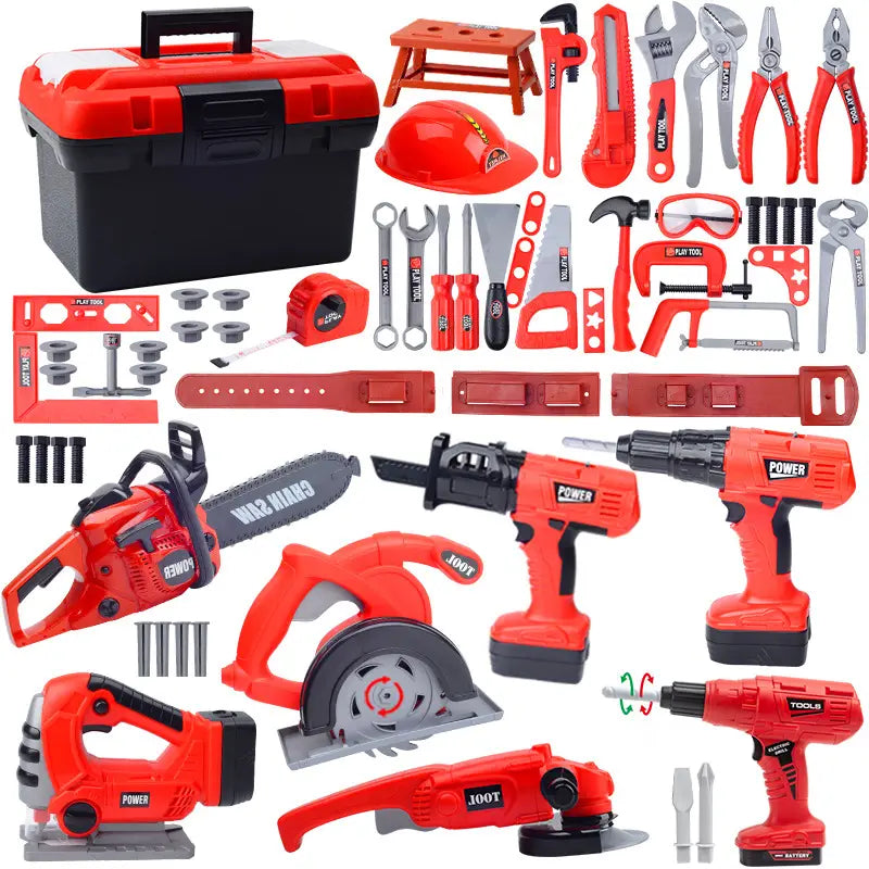ensemble de jouets d’outils pour enfants avec perceuse électrique et établi, présentant une mallette d’outils en plastique rouge et noir, comprenant un casque rigide rouge, des tournevis, des clés, des pinces, des scies et des forets pour un jeu imaginatif.