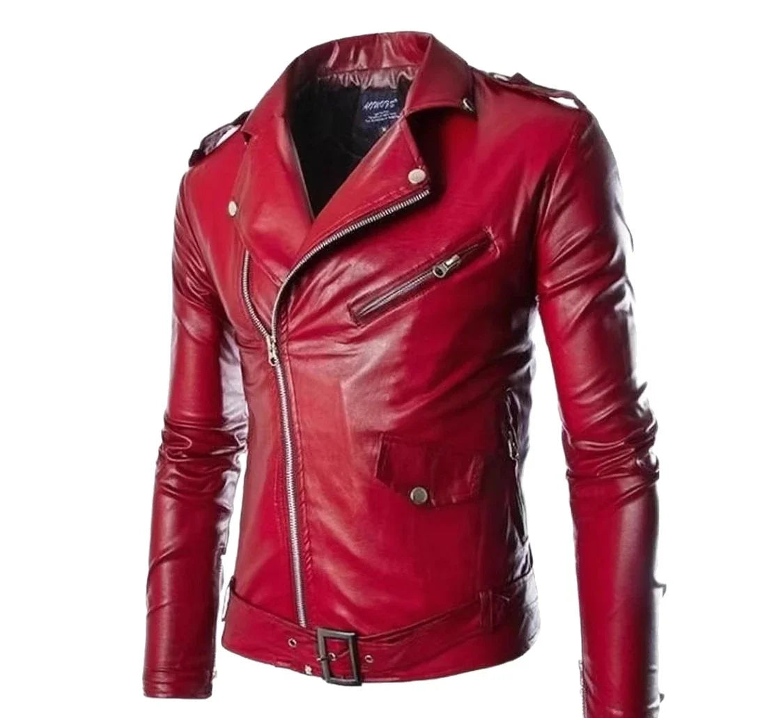 Herren-Leder-Motorrad-Bikerjacke im Vintage-Stil in großen Größen aus lebhaft rotem Kunstleder mit silbernen Reißverschlüssen und gegürteter Taille.