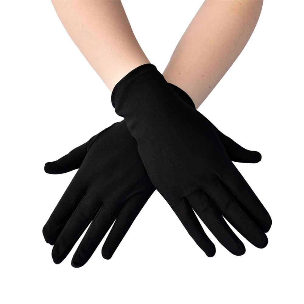 Schwarze, elegante Handschuhe aus Milchseide mit voller Fingerpartie in einfarbigem Design, aus glattem Stoff mit passender Passform, von der Rückseite dargestellt.
