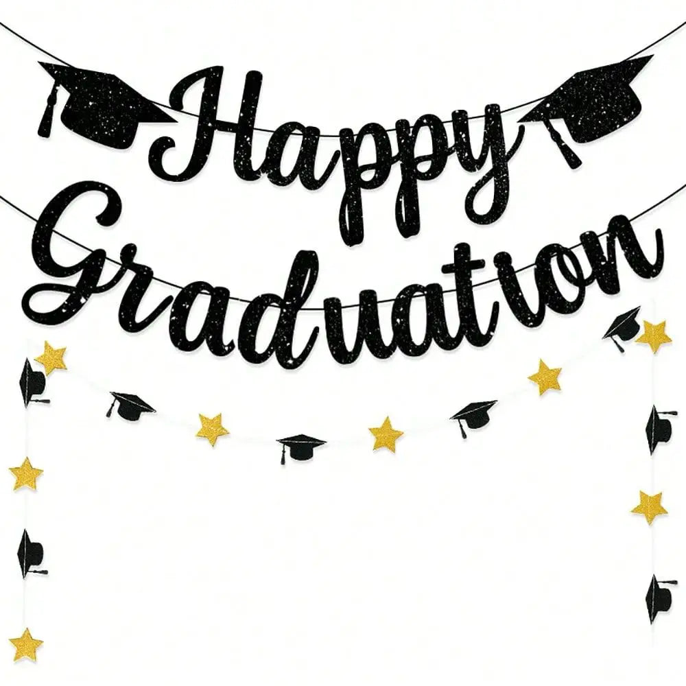 Black gold happy graduation banner featuring black glittery lettering adorned with graduation caps and gold stars for celebratory decoration.