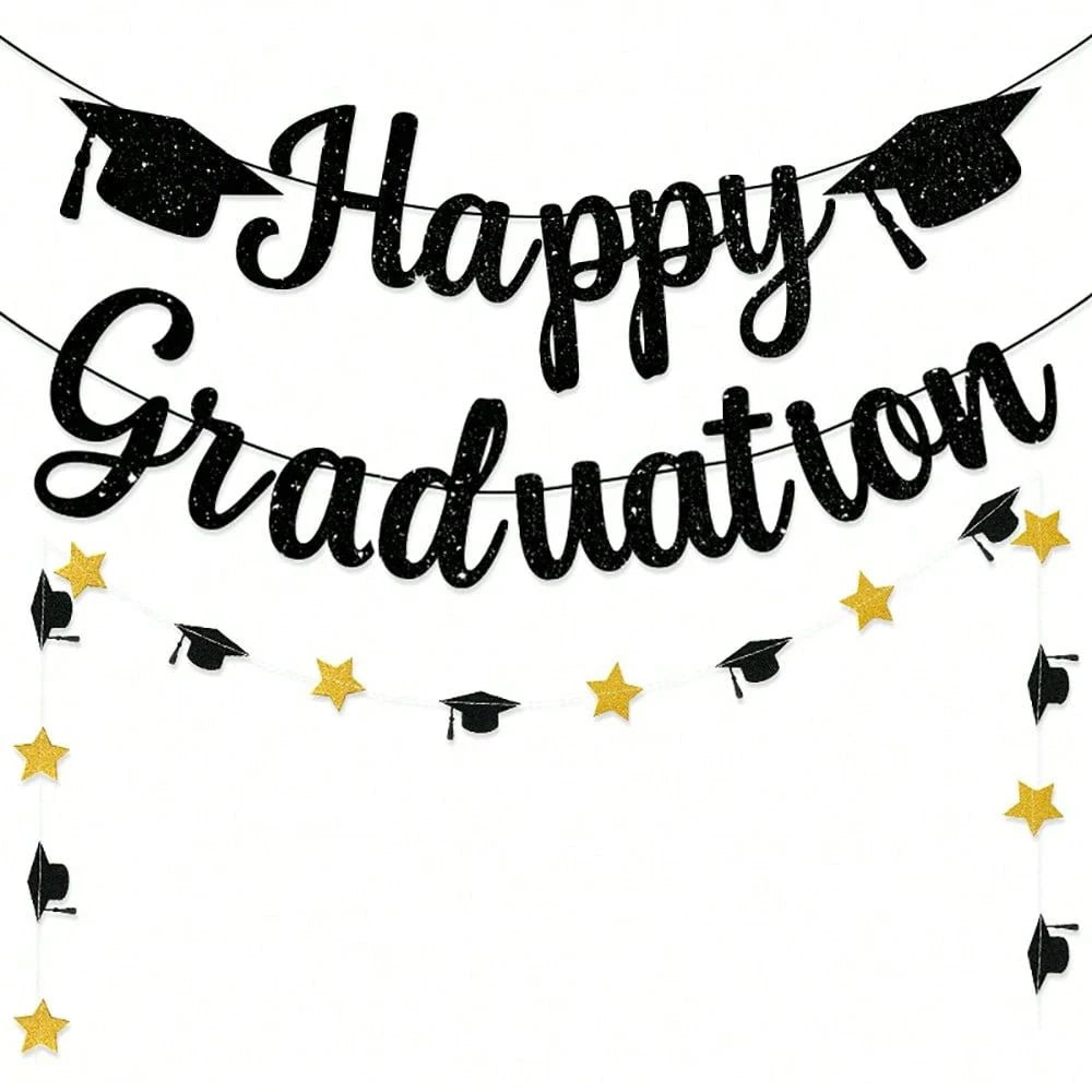Happy Graduation Banner Black Gold Glitter with Grad Caps Decoration for Graduation Party Supplies