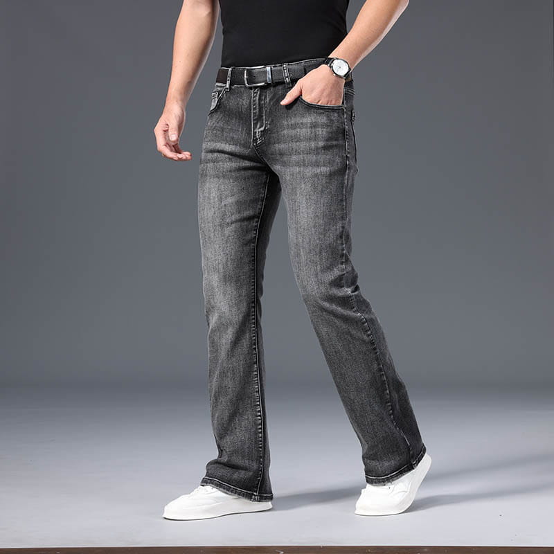 Dark gray micro flared denim jeans for men featuring a subtle fading detail designed for casual wear.
