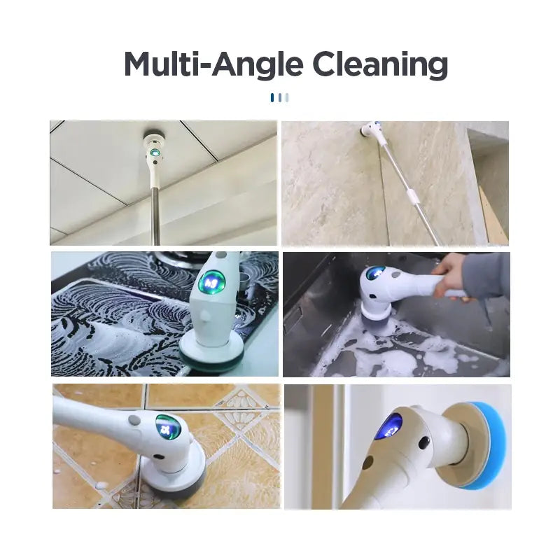 Brosse électrique blanche à rotation avec tête de brosse, comprenant un tampon de nettoyage circulaire bleu et un voyant lumineux à DEL, pour un nettoyage efficace des sols.