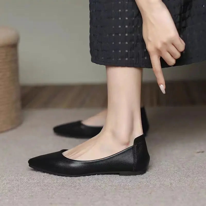 Luxury Leather Casual Black Formal Women's Summer Footwear Pointed Toe Shoes For Woman 2025 Moccasins Office Flats Flat Y2k