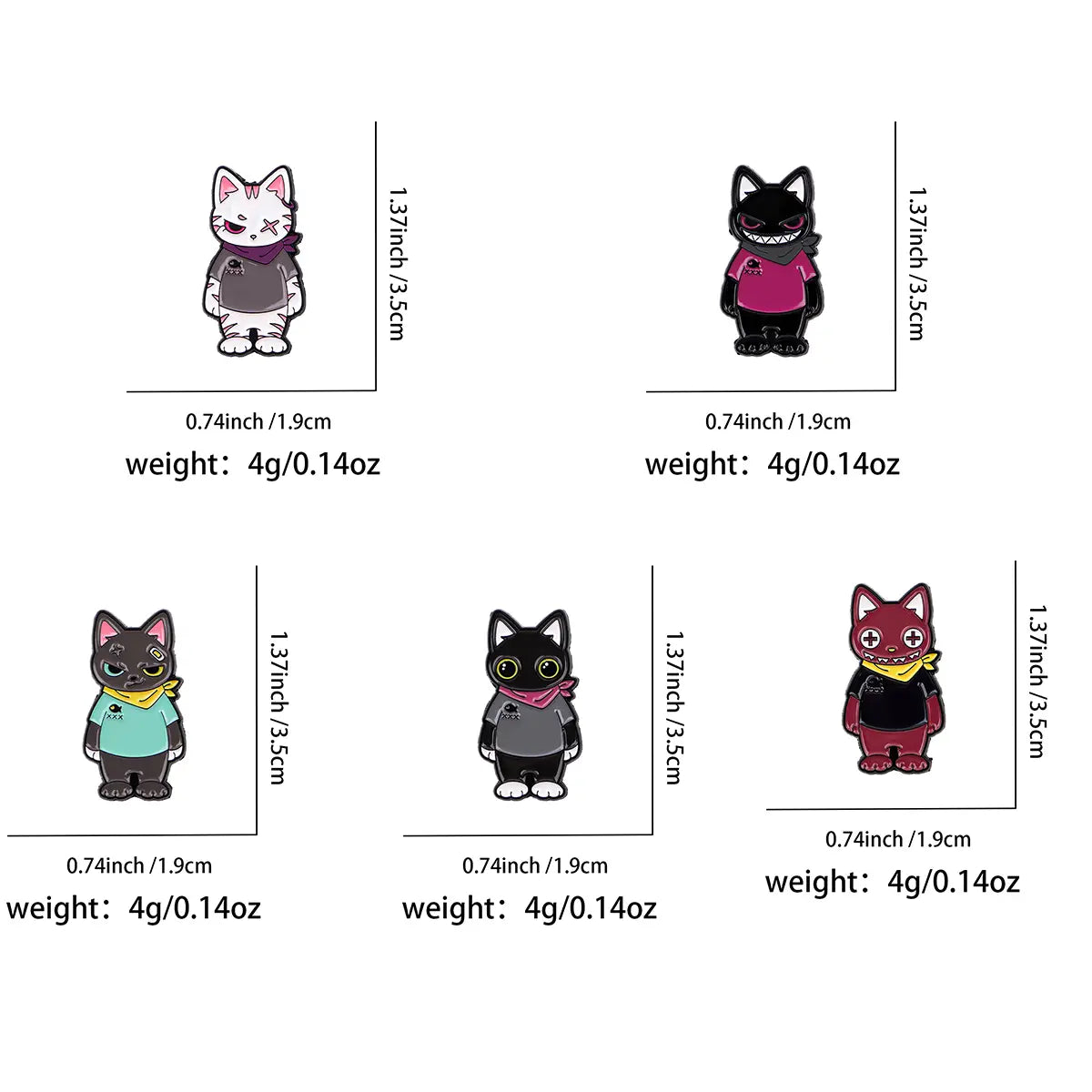 Set of five enamel lapel pins featuring cat figures with distinct colored outfits and accessories.