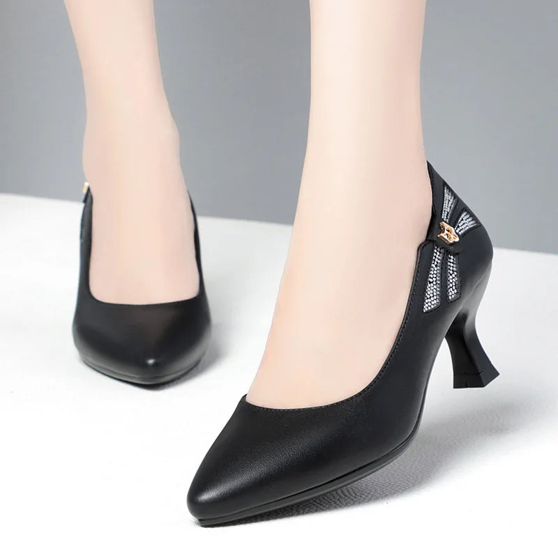 Genuine Leather Women's Shoes 2023 Spring New Single Leather Shoes Work Shoes Mid-high Heel All-match Ladies Women's Shoes