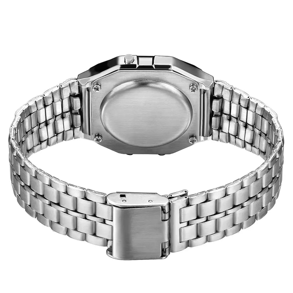 silver-toned digital stainless steel women watch with a rectangular case and interlocking link bracelet