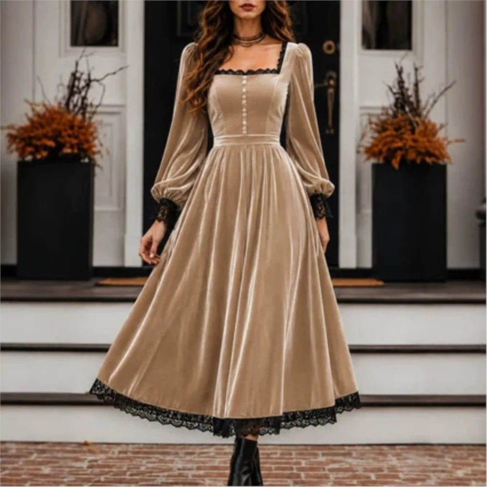 New Autumn Winter Women Velvet Party  Midi Dress Square Neck Puff Long Sleeve Black Lace Hem Button Front Vintage A Line Dresses