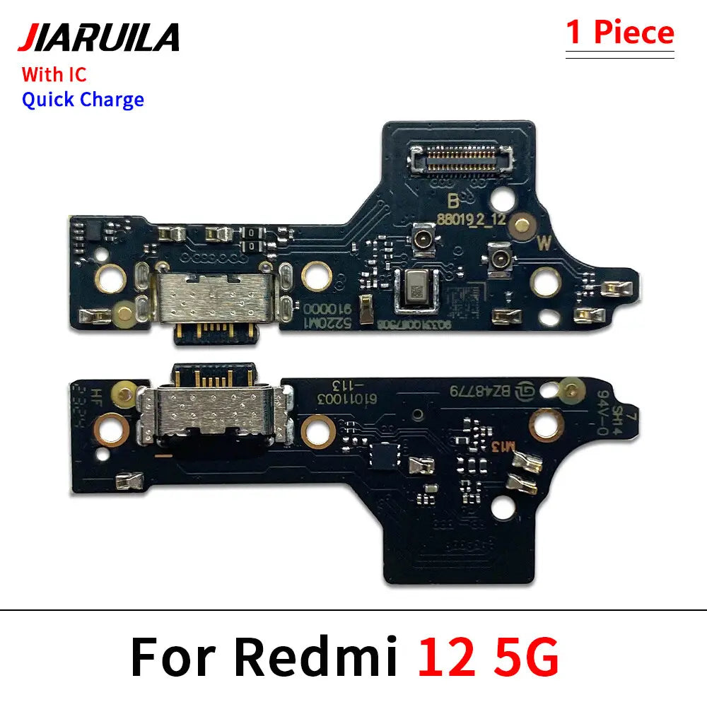 Schwarze Leiterplatte, USB-Ladeanschluss-Flexkabel mit silbernem USB-C-Anschluss und integriertem Lade-IC, ausgelegt für die Xiaomi-Redmi-12-5G-Serie, für China-Post-Kompatibilität und Schutzzeit.
