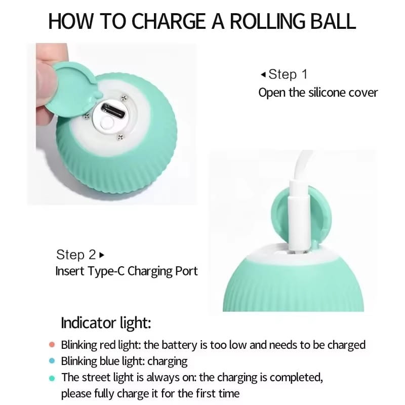 Una bola de juguete para gato automática con rodadura interactiva de silicona color verde menta con un puerto de carga blanco y luces indicadoras.