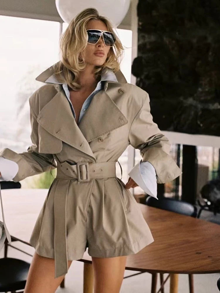 Winter Sexy Lapel Neck Long Sleeve Jacket Jumpsuit With Belt Women Double-breasted Jumpsuit Shorts Elegant Evening Party Runway