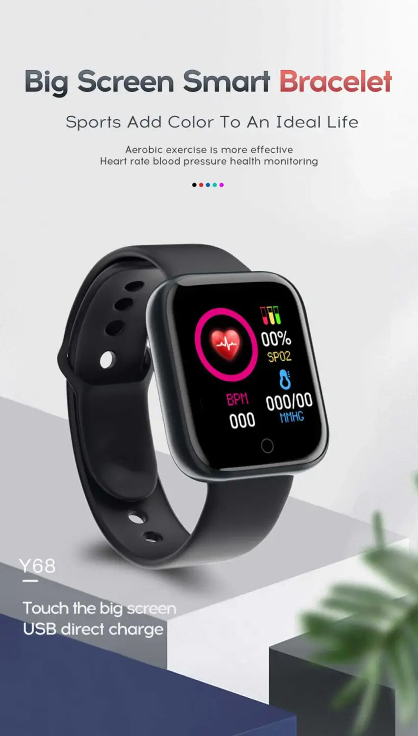 Black smart fitness watch with heart rate monitor featuring a square screen displaying health metrics and usb direct charge capability.