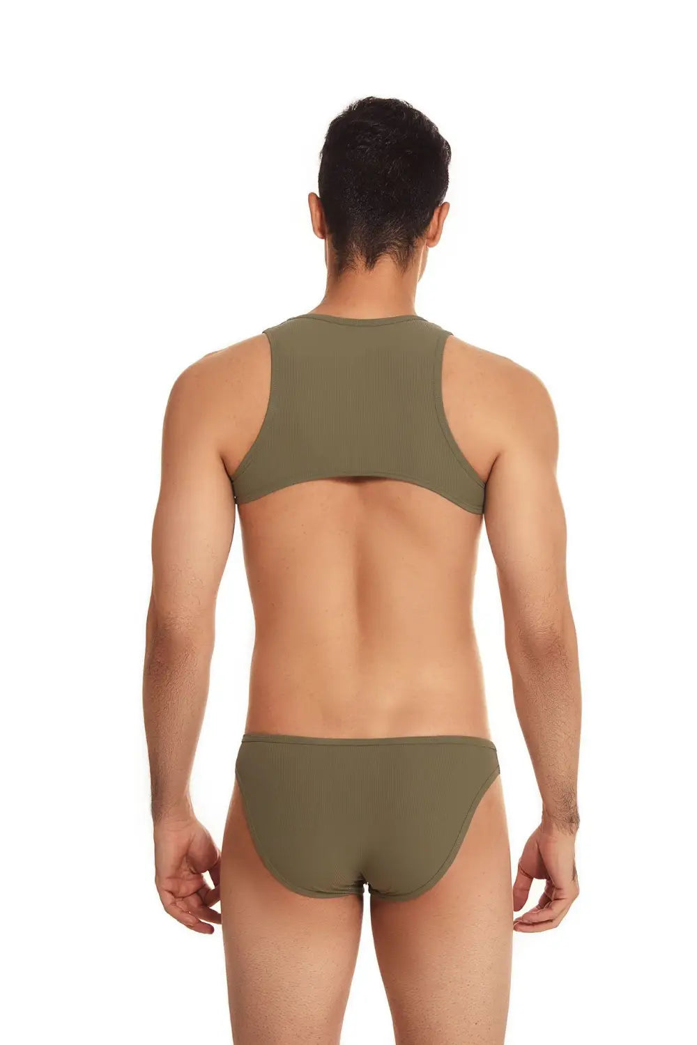 Ensemble haut court et slips côtelés vert olive, sans coutures, pour homme, conçu comme vêtement de sport pour la salle de sport.