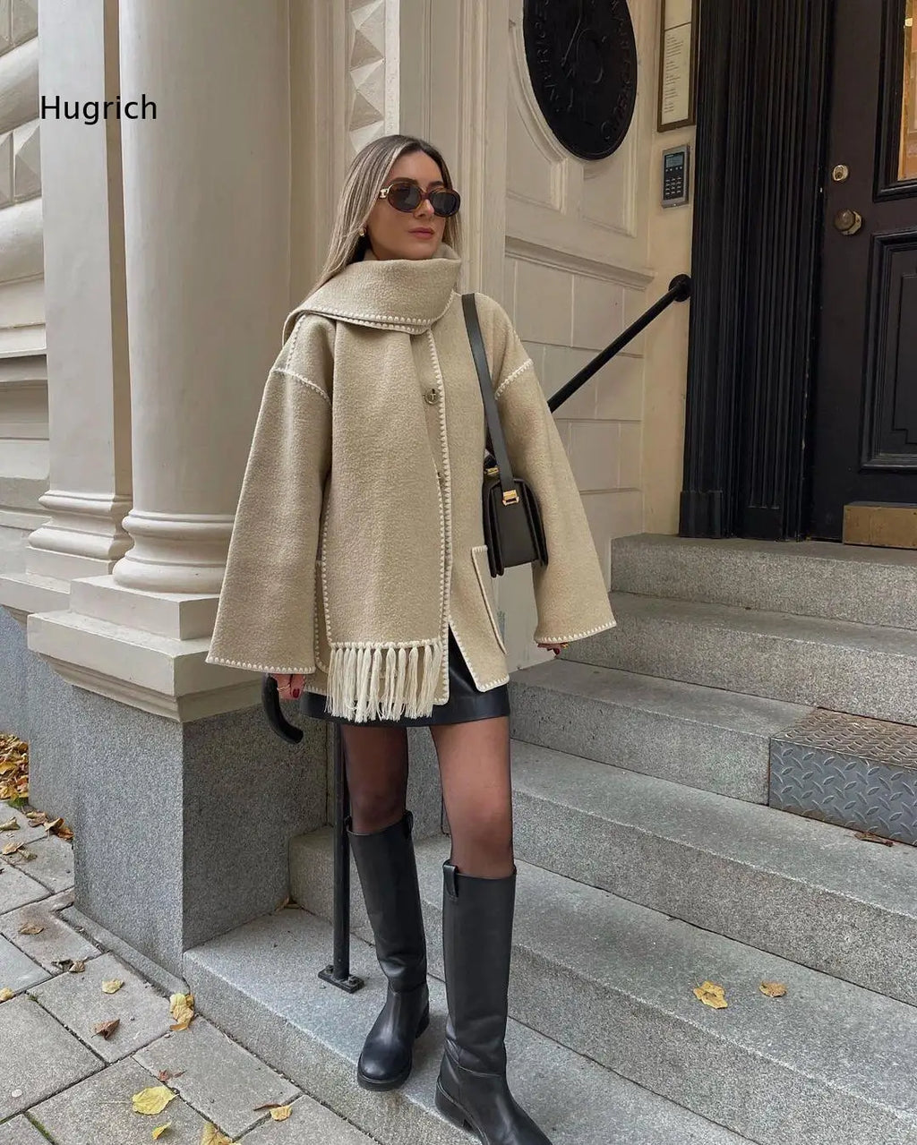 Fall Winter Loose Short Outerwear For Women Oversized Wool Blend Coat Lapel Collar Stitched Trim Side Pockets Single Button