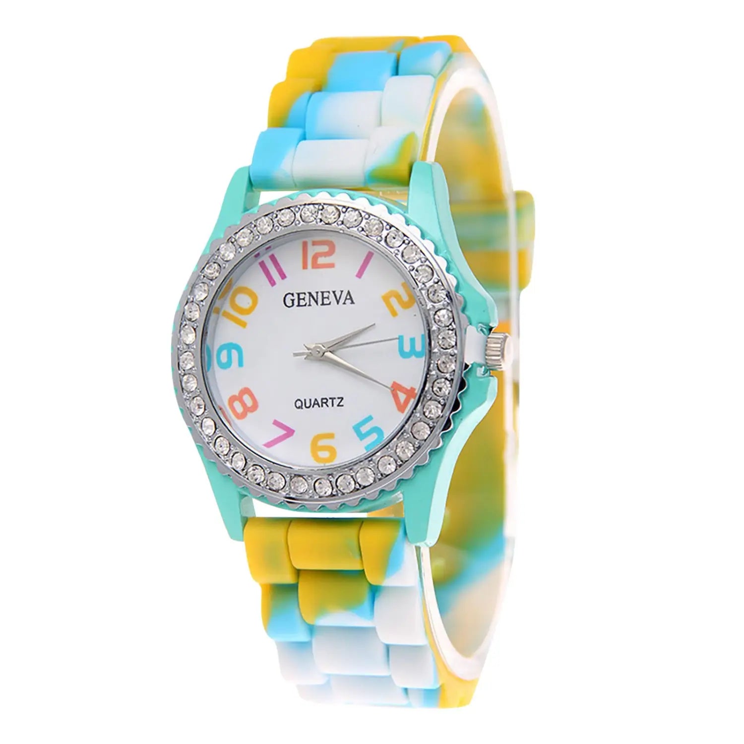 A girls crystal bling rainbow silicone watch featuring a turquoise geneva quartz case, crystal-encrusted bezel, and a vibrant yellow blue and white tie-dye silicone strap.