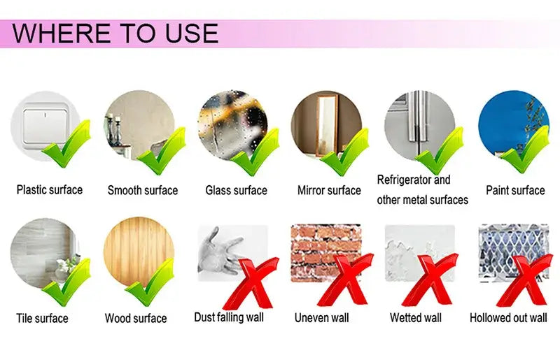 The back side of the colorful hearts couple wall stickers shows a guide titled where to use with green checkmarks indicating suitability for surfaces like plastic, smooth, glass, mirror, refrigerator metal, paint, tile, and wood.