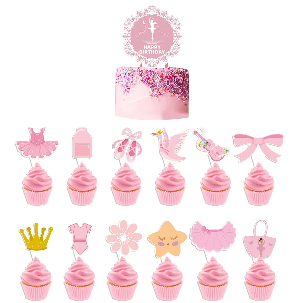 Pink Ballerina Ballet girl Happy Birthday Bunting Banner Balloon Cake Topper for Kids Girl Baby Shower Birthday Party Decoration