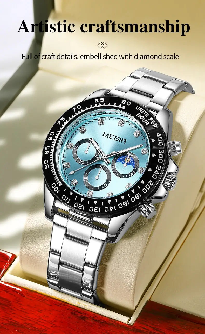 Silver-toned megir men luxury sports quartz chronograph watch with a light blue dial, diamond-scale embellishments, and black bezel markings.