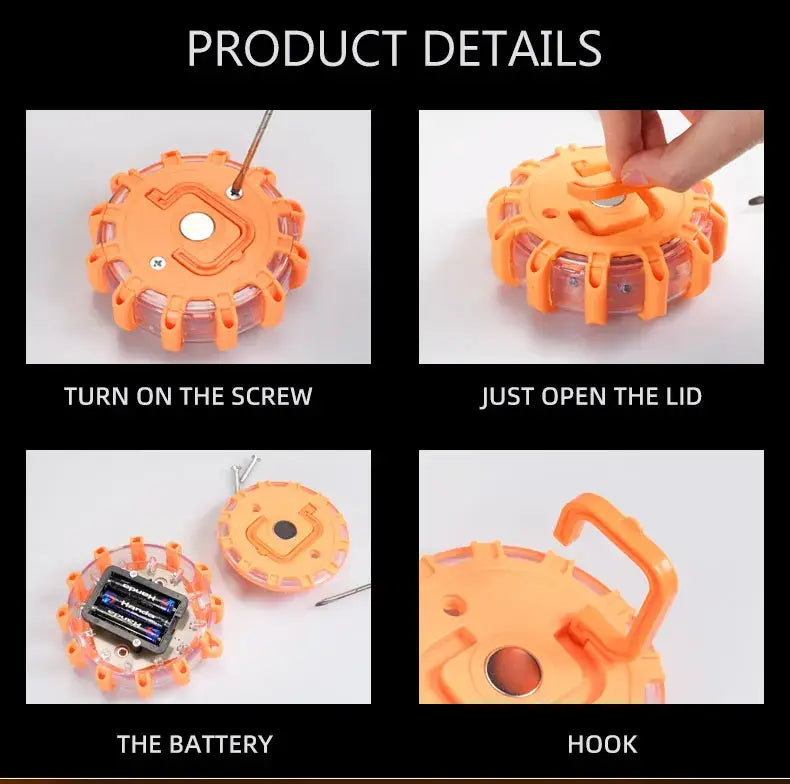 Bright orange circular plastic safety reflector with hinged lid and integrated hook for magnetic LED roadside emergency strobe light.