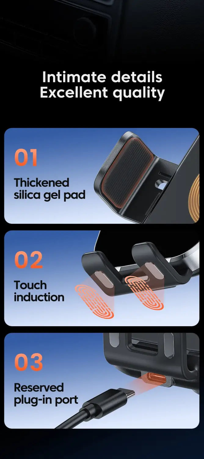 Soporte para cargador inalámbrico de coche negro con almohadilla de gel de sílice engrosada, función de carga rápida por inducción táctil y puerto de conexión reservado para el uso de la carga destinada a la navegación.