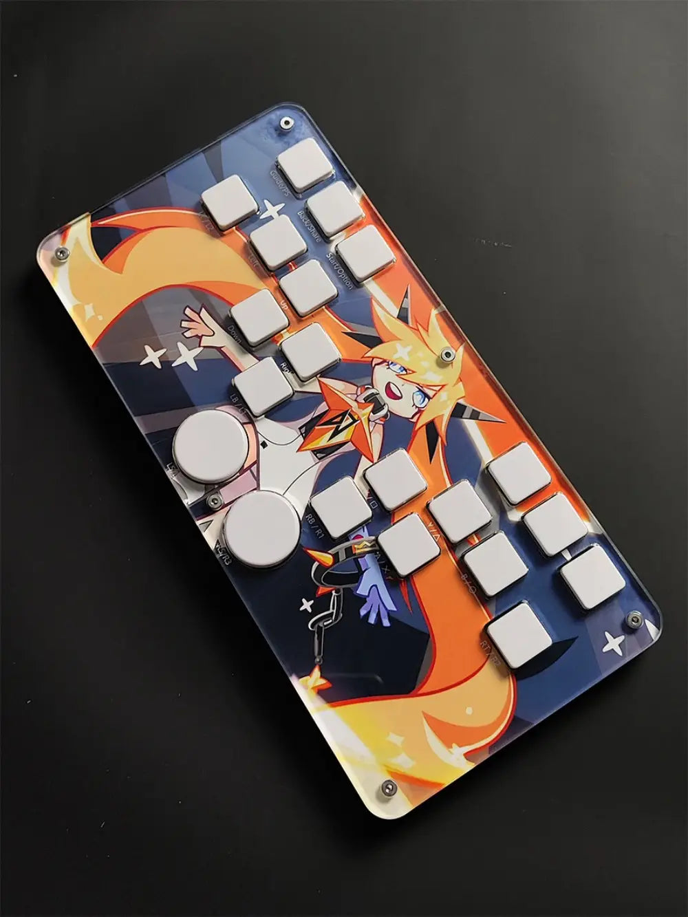 A vibrant anime-themed djmax mechanical gaming keyboard with a glossy colorful design featuring dynamic character art white square keys and left joystick support for joystick moves via data cable.