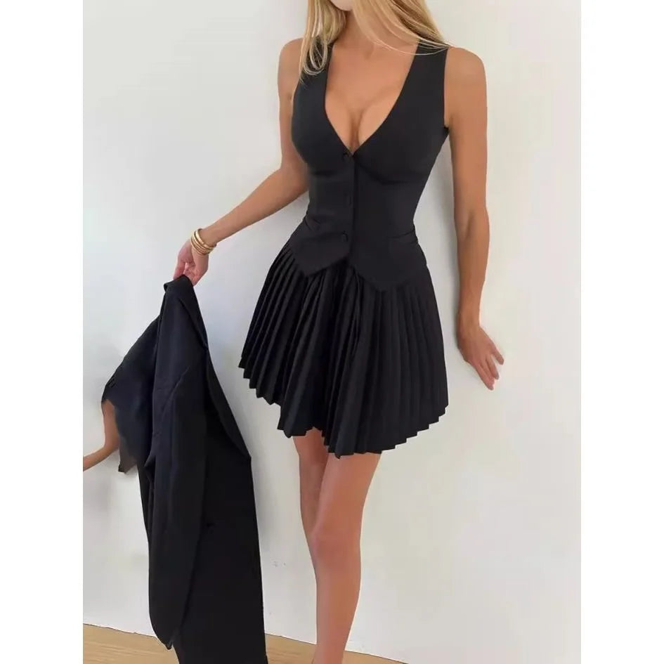 Women Party Suit Work sexy fashion V-neck sleeveless vest solid color pleated skirt two-piece set  White Black Blue Baby