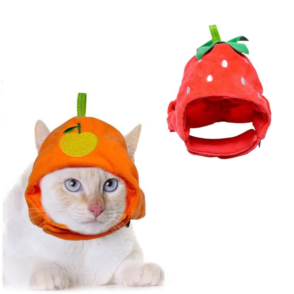オレンジ色と赤色の果物の形をしたファニーカットのぬいぐるみ衣装で、緑色の茎と白いドットのディテールをあしらえた、ユーモラスで遊び心のあるペット用アクセサリー