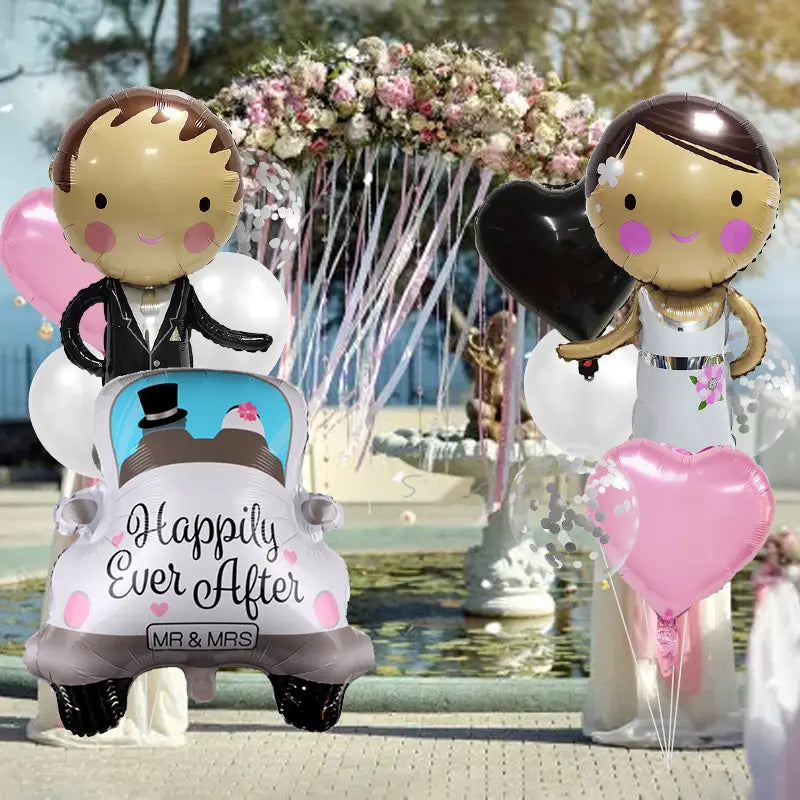 chic cartoon couple balloon set featuring a bride and groom in black and white attire with a happily ever after message on a car-shaped centerpiece for wedding car balloon package couple decor.