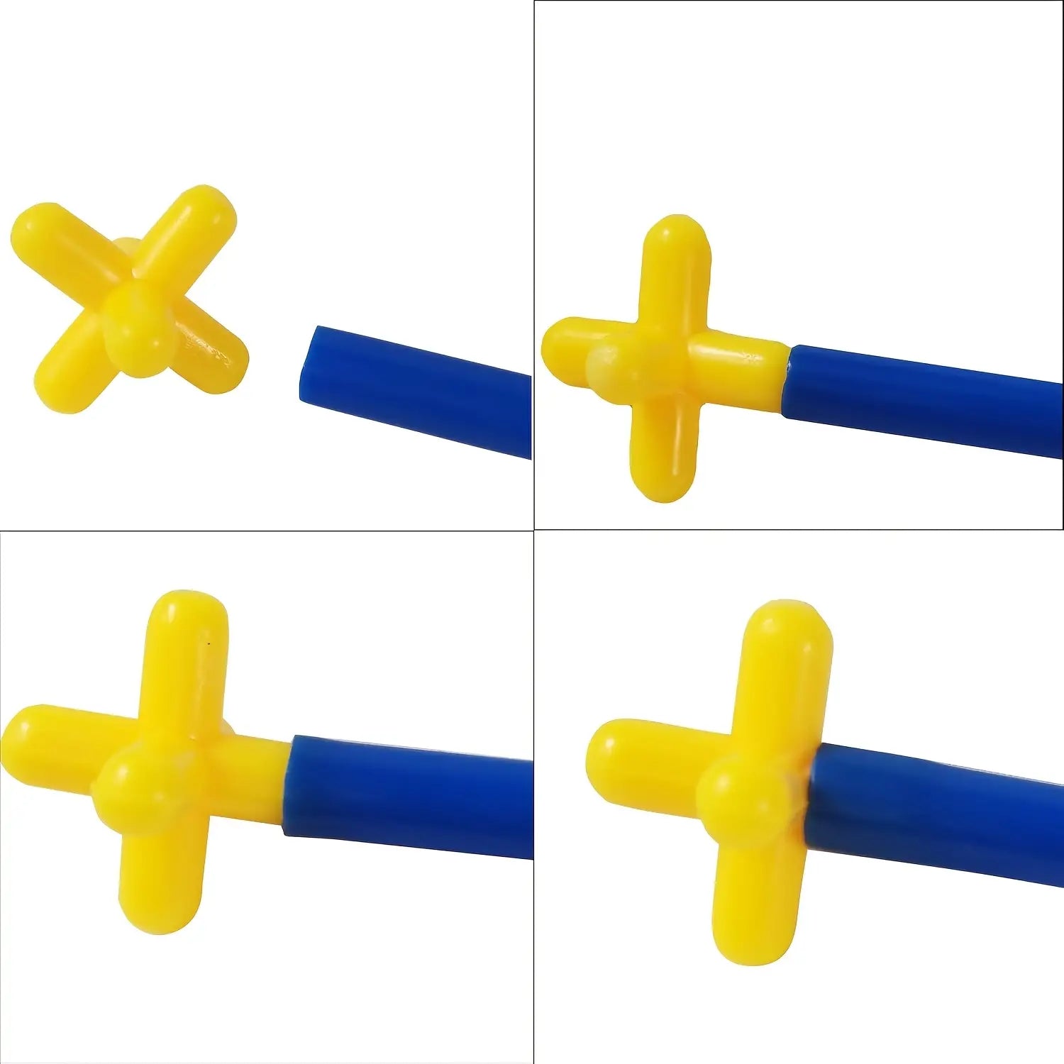 Connecteur jaune vif en forme de croix fixé à un tube cylindrique bleu provenant d’un ensemble de blocs d’ingénierie en plastique à emboîtement pour jouets de construction de pailles.