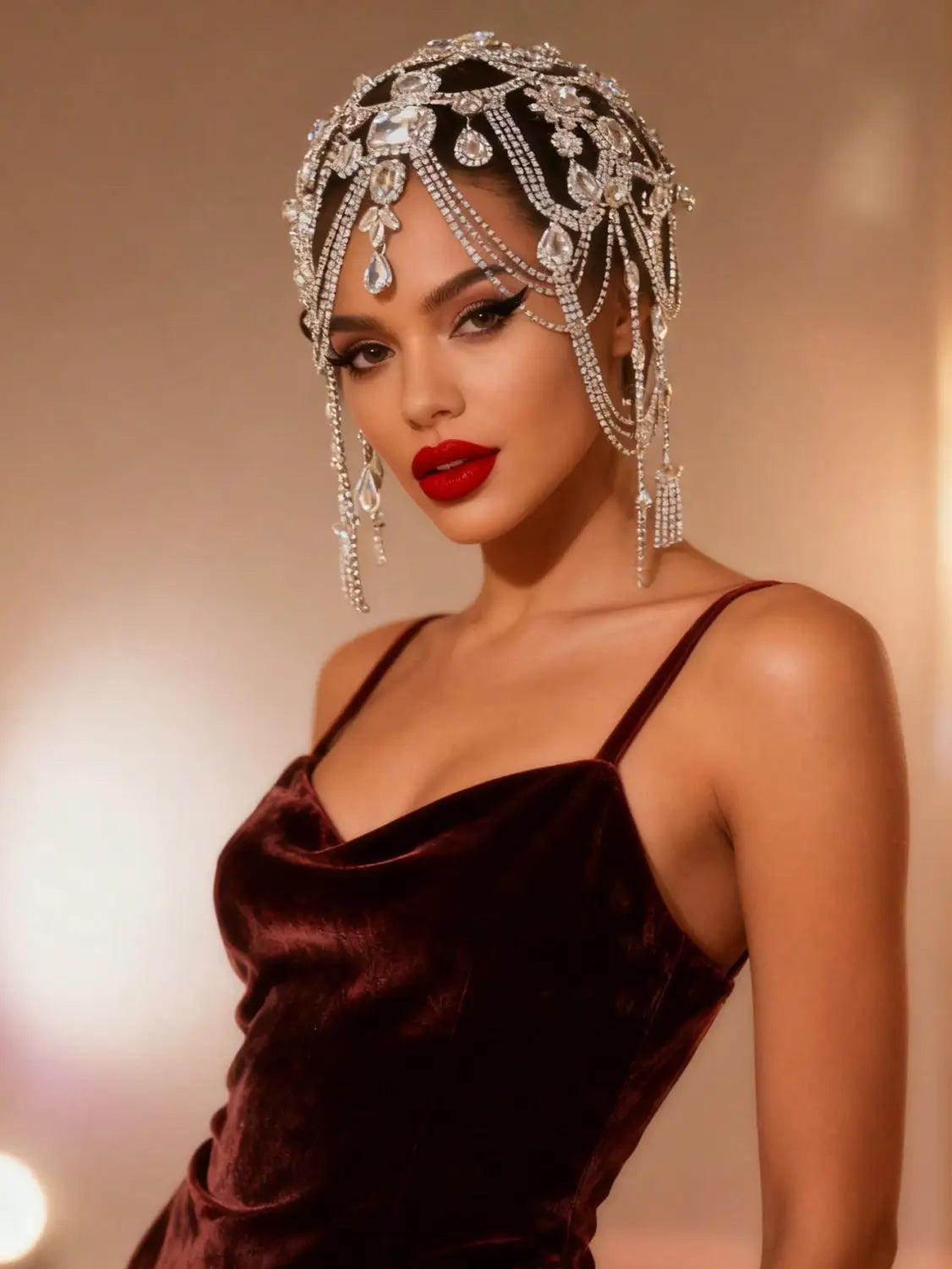Ein funkelndes silbernes Kristall-Braut-Headpiece, verziert mit baumelnden tropfenförmigen Schmucksteinen und kunstvollem Kettendetail, kombiniert mit einem Strass-Kropfband-Set.