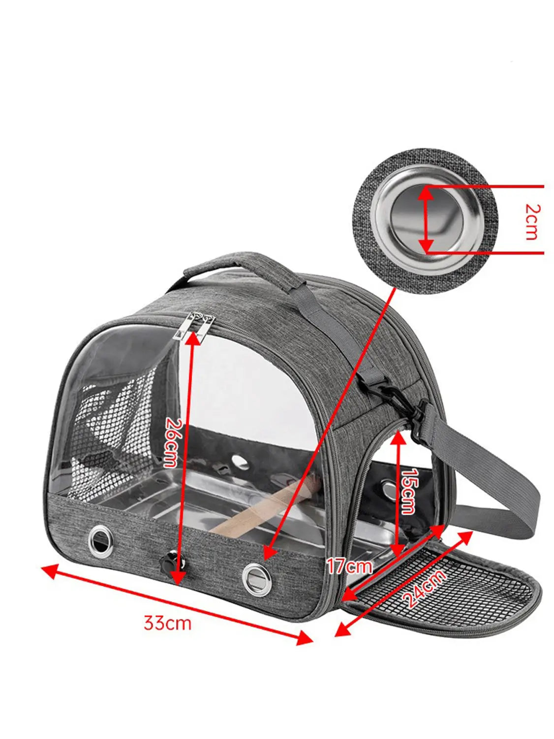 Gray mesh portable pet backpack with transparent front panel and metal hardware for secure pet transport