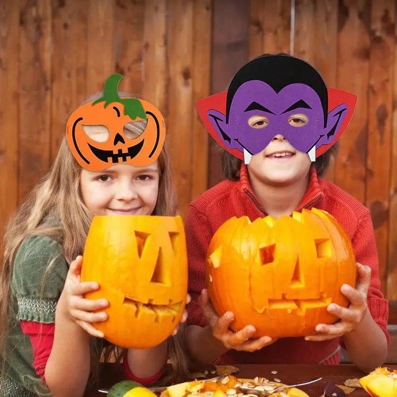 orange halloween pumpkin ghost diy mask made of felt featuring triangular eye and mouth cutouts for halloween party costume use