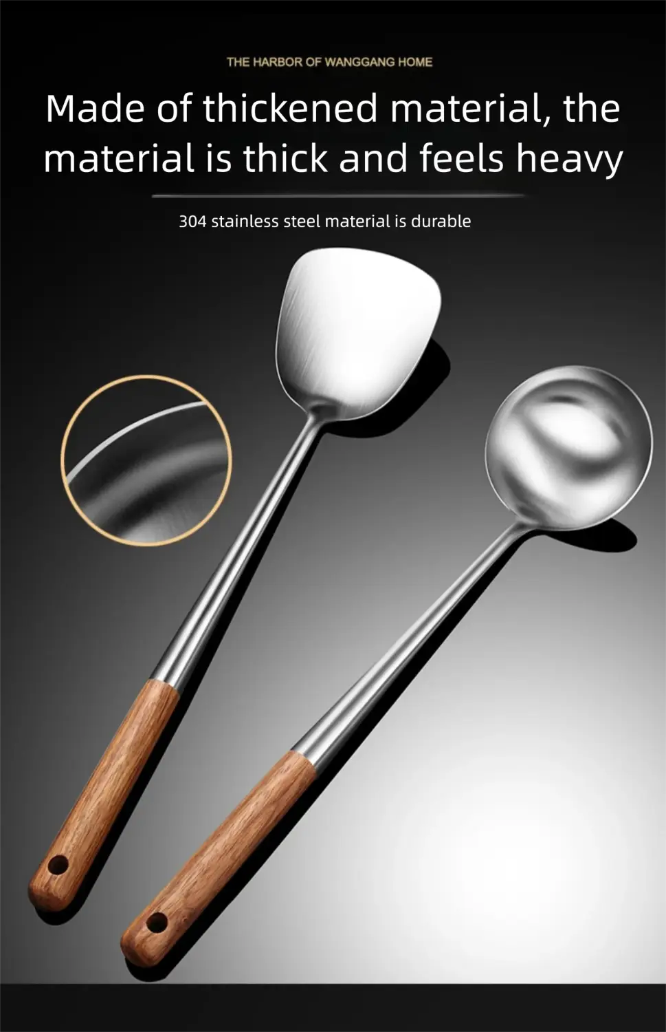Ensemble de deux ustensiles de cuisson pour wok en acier inoxydable à poignées en bois, comprenant une spatule plate et une louche ronde, pour un usage polyvalent en cuisine