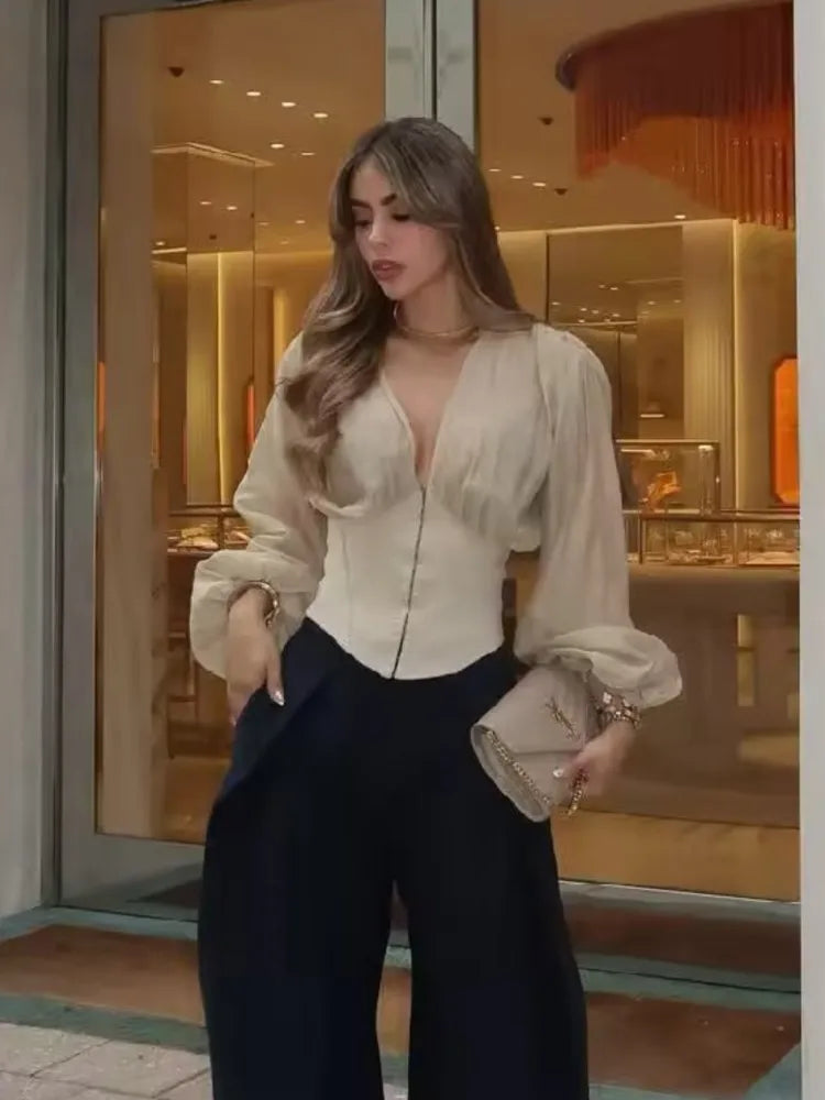 Women's Shirt New 2026 Summer Casual V Neck Long Sleeve Women Corset-Style Combined Blouses & Shirts Chic Female Tops