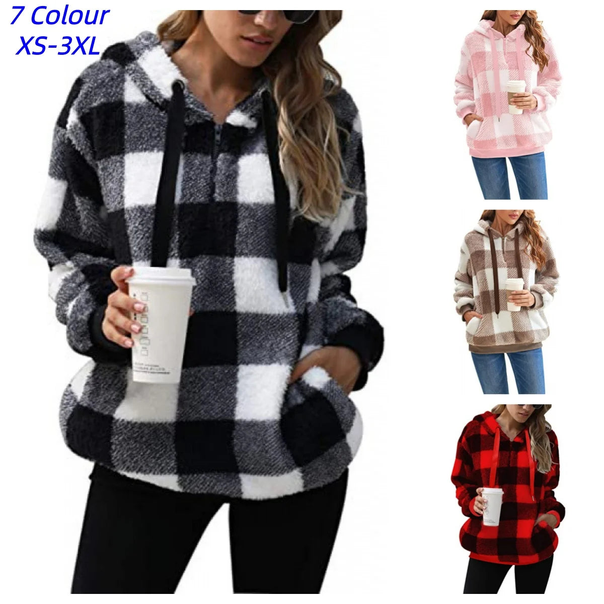 Women Plaid Sweatshirts Casual Hoodies Fuzzy Patchwork Long Sleeves Loose Fit Slight Strech Thick Office Lady Retro Hooded