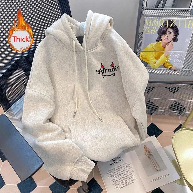 Cute Loose Hoodies Women Thick Warm Long Sleeve High Street Sweatshirts Fall Lazy Wind Female Casual White Gray Outwear Tops New