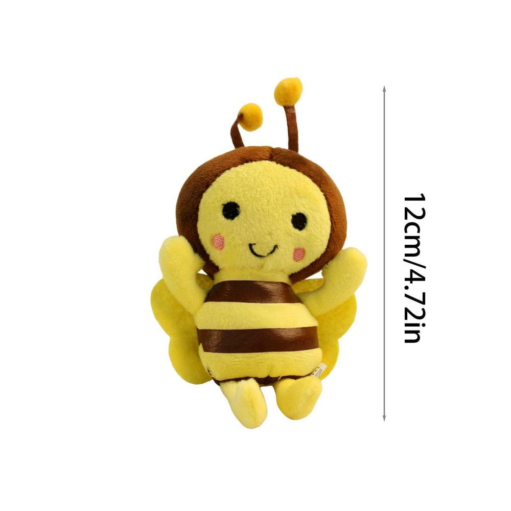 a bee stuffed animal plush toy with a yellow and brown striped body soft fabric wings and fuzzy antennae made from soft materials for cuddling and decoration
