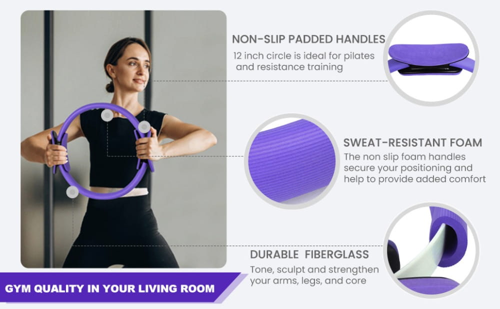 purple 12-inch pilates ring with non-slip padded handles and sweat-resistant foam for gym-quality resistance training included in a 13-piece pilates equipment fitness set