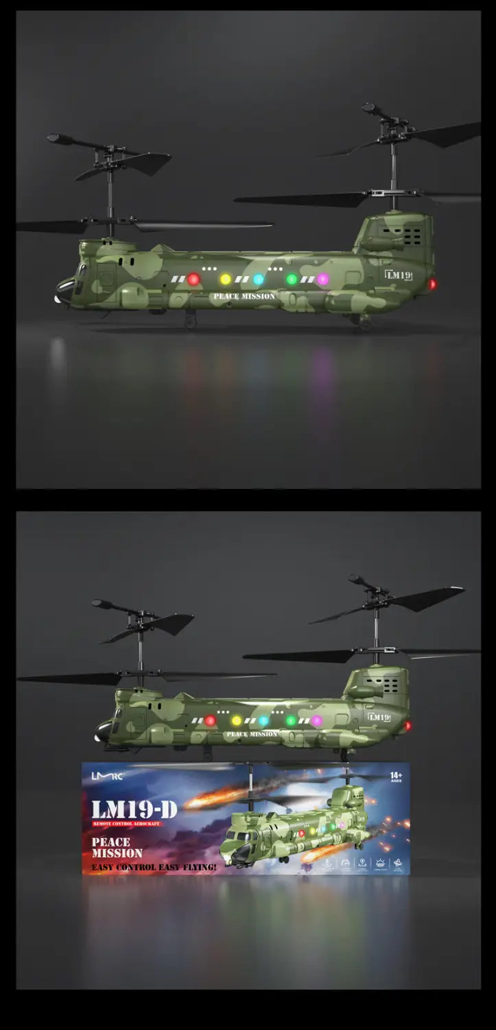 Juguete de helicóptero teledirigido de camuflaje verde con luces LED para fotografía aérea y para el desarrollo de habilidades.
