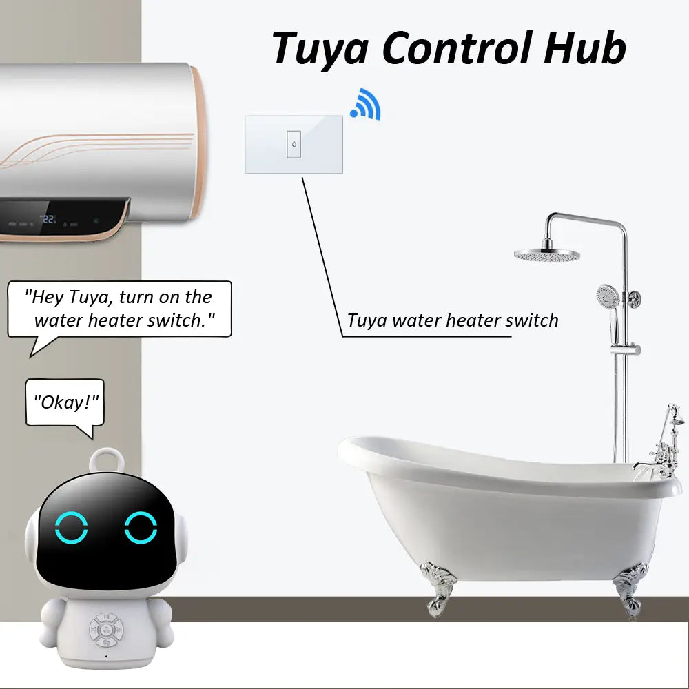 発光する青い円形の目と丸みのあるボディを備えた、Smart Lifeアプリおよびチャットモード機能に対応するスマートAI学習ロボットとして設計された、白色のTuyaロボットアシスタントです。