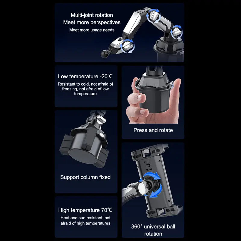 Schwarz-silberner mehrgelenkiger Becherhalter für Autohandyständer mit universeller 360-Grad-Rotation und hitzebeständigem Design, für einen universellen Standfuß verstellbar.