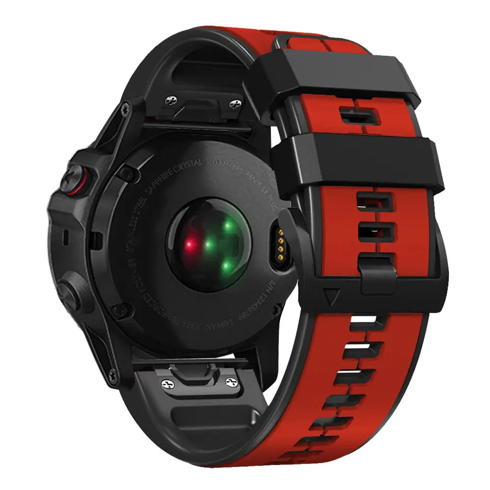 Rotes und schwarzes Garmin Fenix Armband mit Gurt aus Gummi und metallischen Akzenten, entwickelt für Garmin Forerunner-Modelle