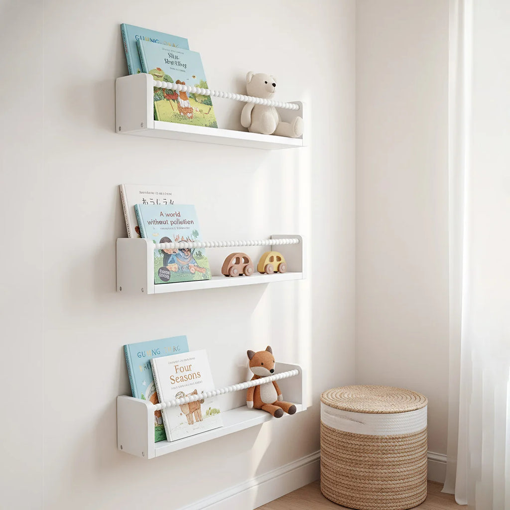 Nursery Book Shelves ,15.7 Inch Wood Floating Bookshelves for Wall Set of 3, Baby Kids Decor, Solid Wood Wall Mounted Shelves