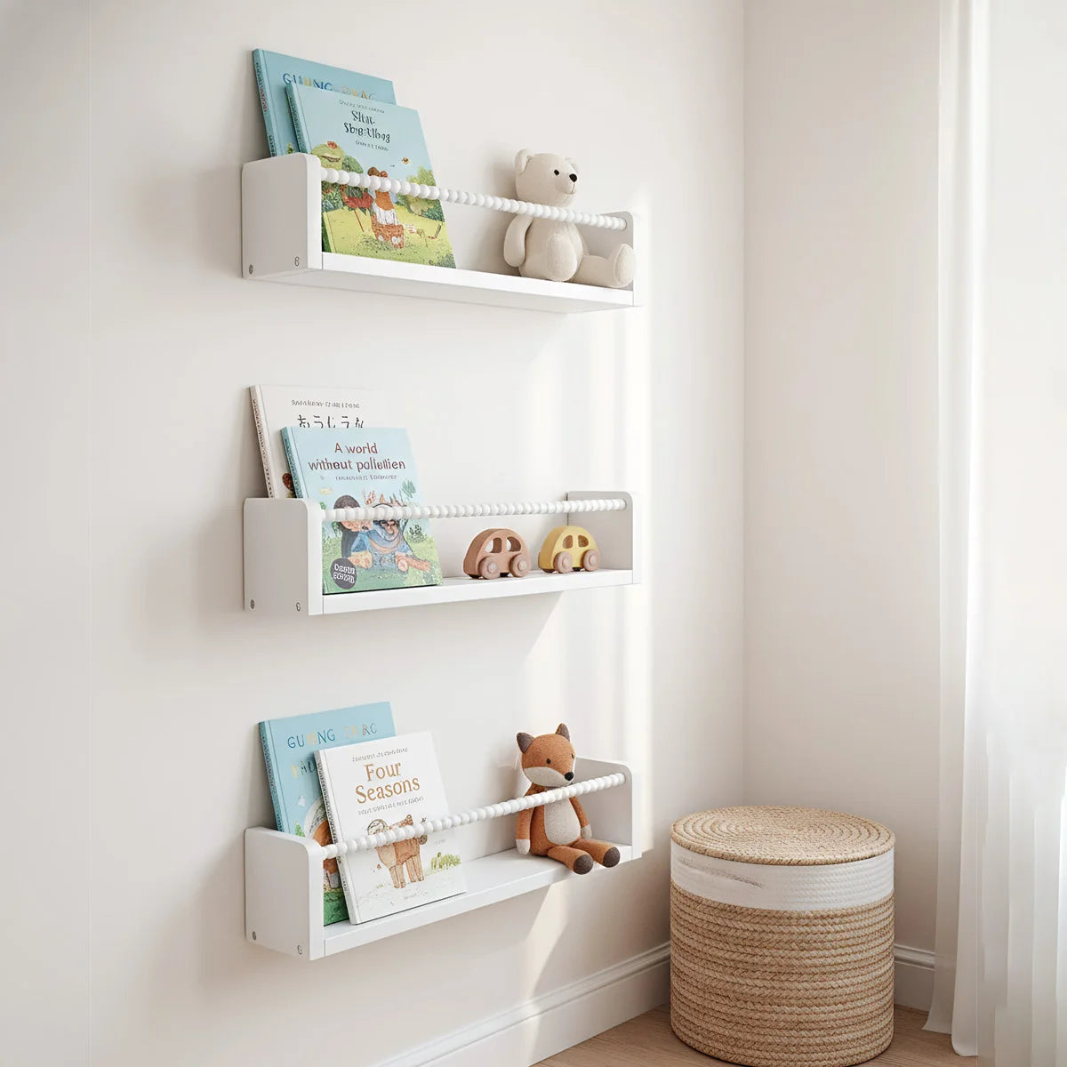 Nursery Book Shelves ,15.7 Inch Wood Floating Bookshelves for Wall Set of 3, Baby Kids Decor, Solid Wood Wall Mounted Shelves
