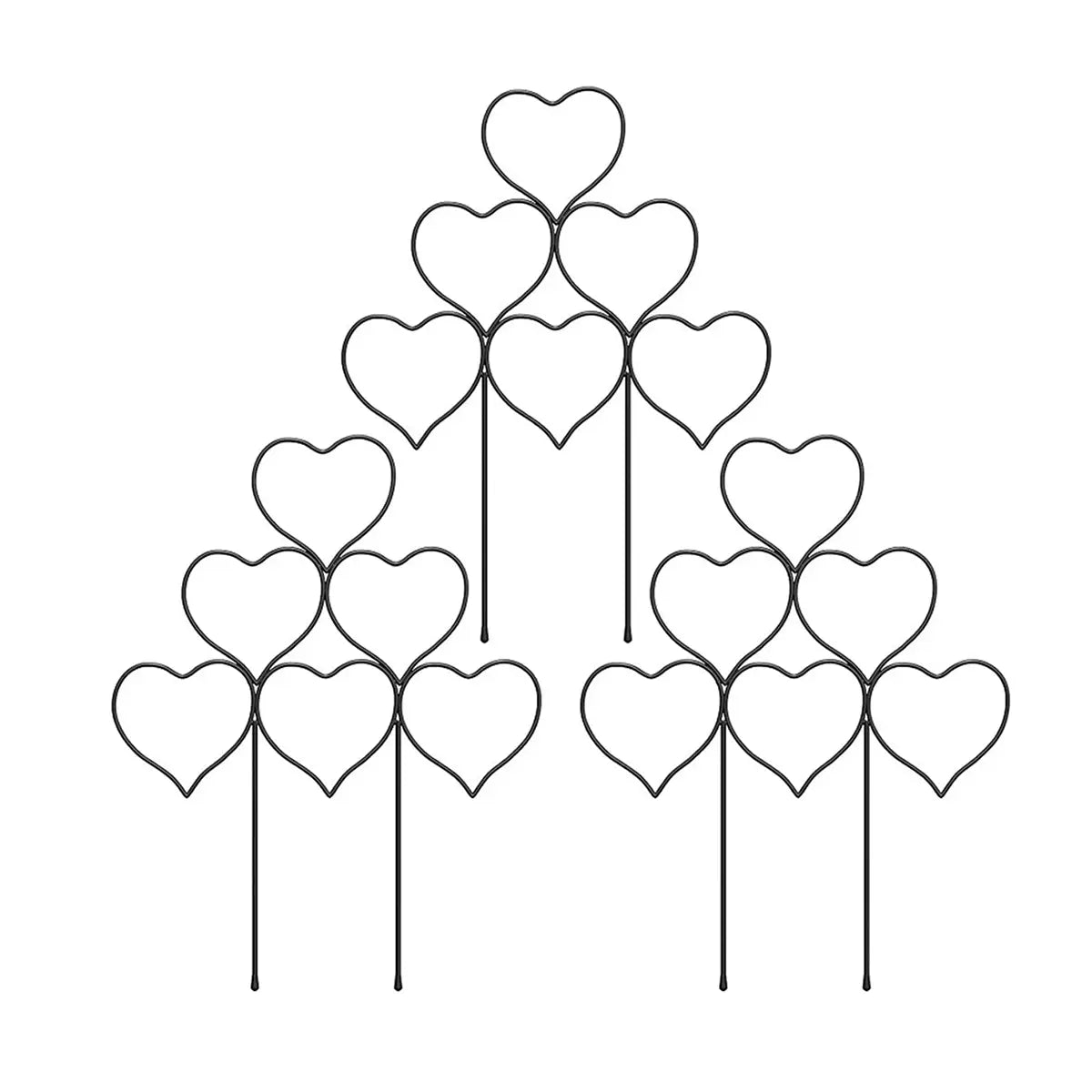 Marcadores de jardín de metal negro con forma de corazón dispuestos en un patrón tipo pirámide como enrejado metálico de soporte para plantas con forma de corazón para plantas trepadoras y accesorios para plantas.