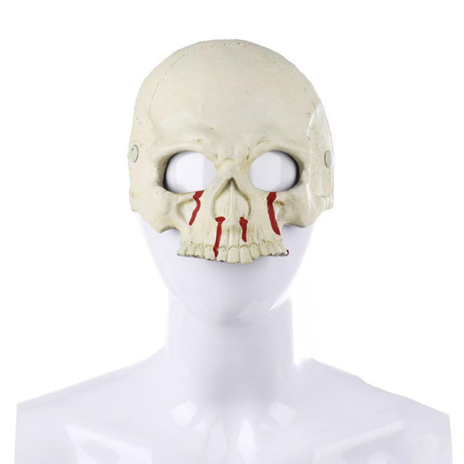 A beige halloween half face mask featuring bloody red painted tear-like streaks down the nose and mouth area designed as a skull costume prop.