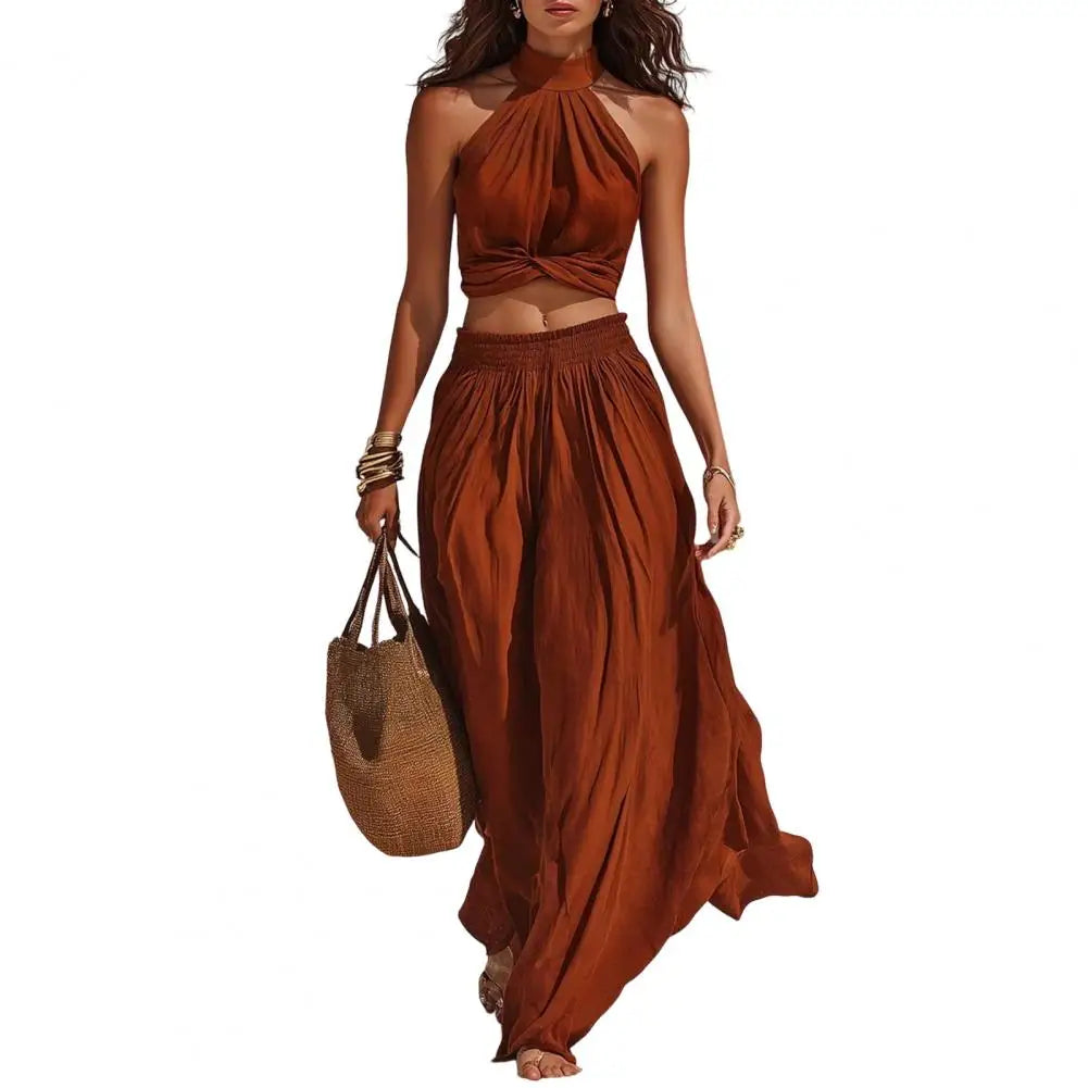 Women's 2 Piece Outfits, High Neck Halter Sleeveless Top And Wide Leg Pants Women's Summer Matching Set Summer Vacation Outfits