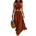 Women's 2 Piece Outfits, High Neck Halter Sleeveless Top And Wide Leg Pants Women's Summer Matching Set Summer Vacation Outfits